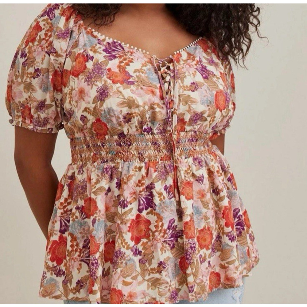 Torrid Georgette Eyelet Puff Sleeve Top Sz 1 1x Lace Up Milkmaid Smocked Prairie